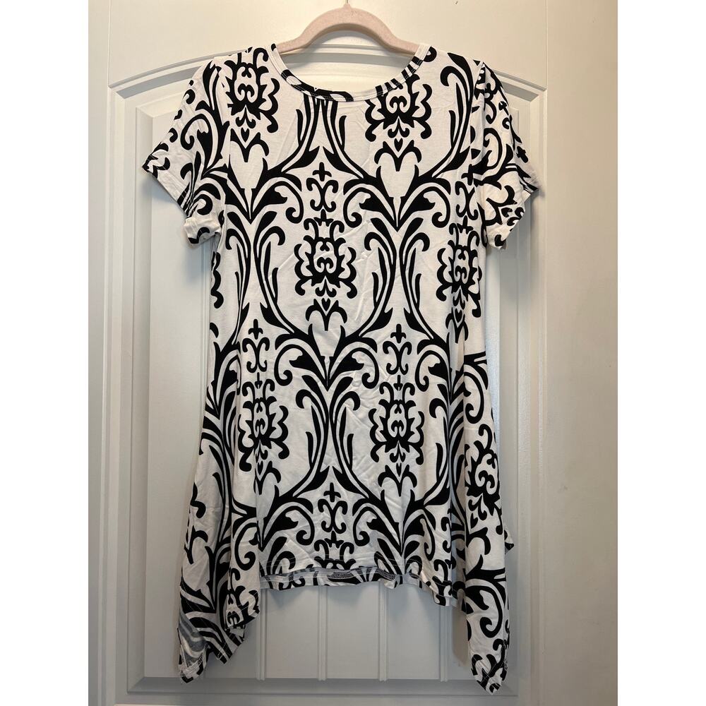 Popyoung Women’s Scoop Neck Tunic Geometric Short Sleeve Top Size M White Black - Picture 5 of 5